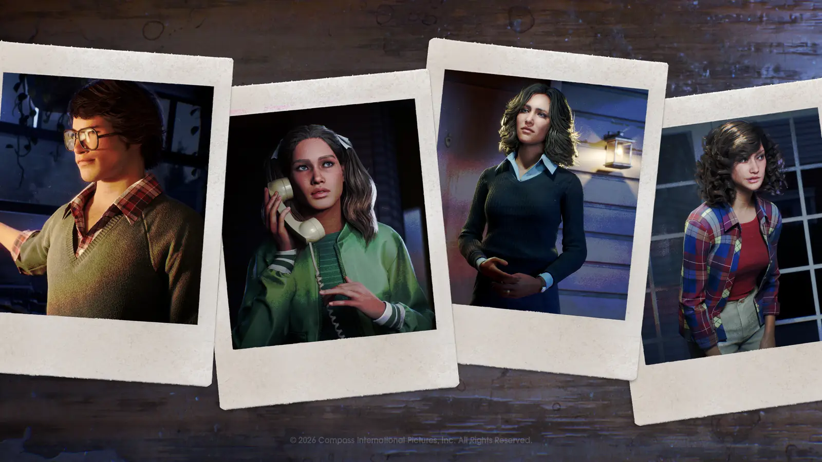 A group portrait of the civilian cast styled as an instant photograph.