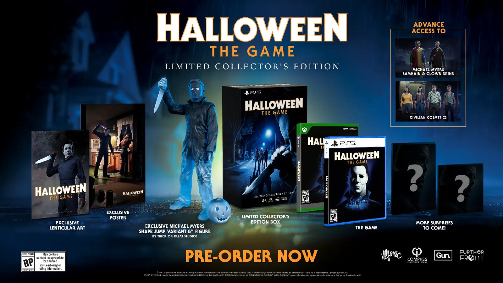 Collector’s Edition promotional artwork shows the game boxes, Michael figure, posters, and Samhain and Clown skin previews in the upper-right panel.