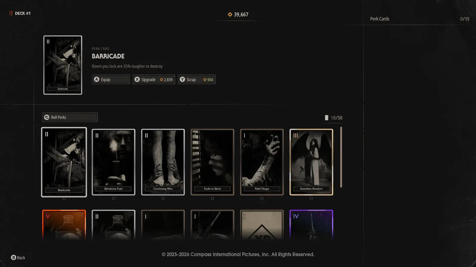 The perk card screen showing Deck #1, a Perk Point balance, a selected Barricade card with Equip, Upgrade and Scrap actions, a Roll Perks button, a collection counter reading 18 of 50 and a deck counter reading 0 of 15.
