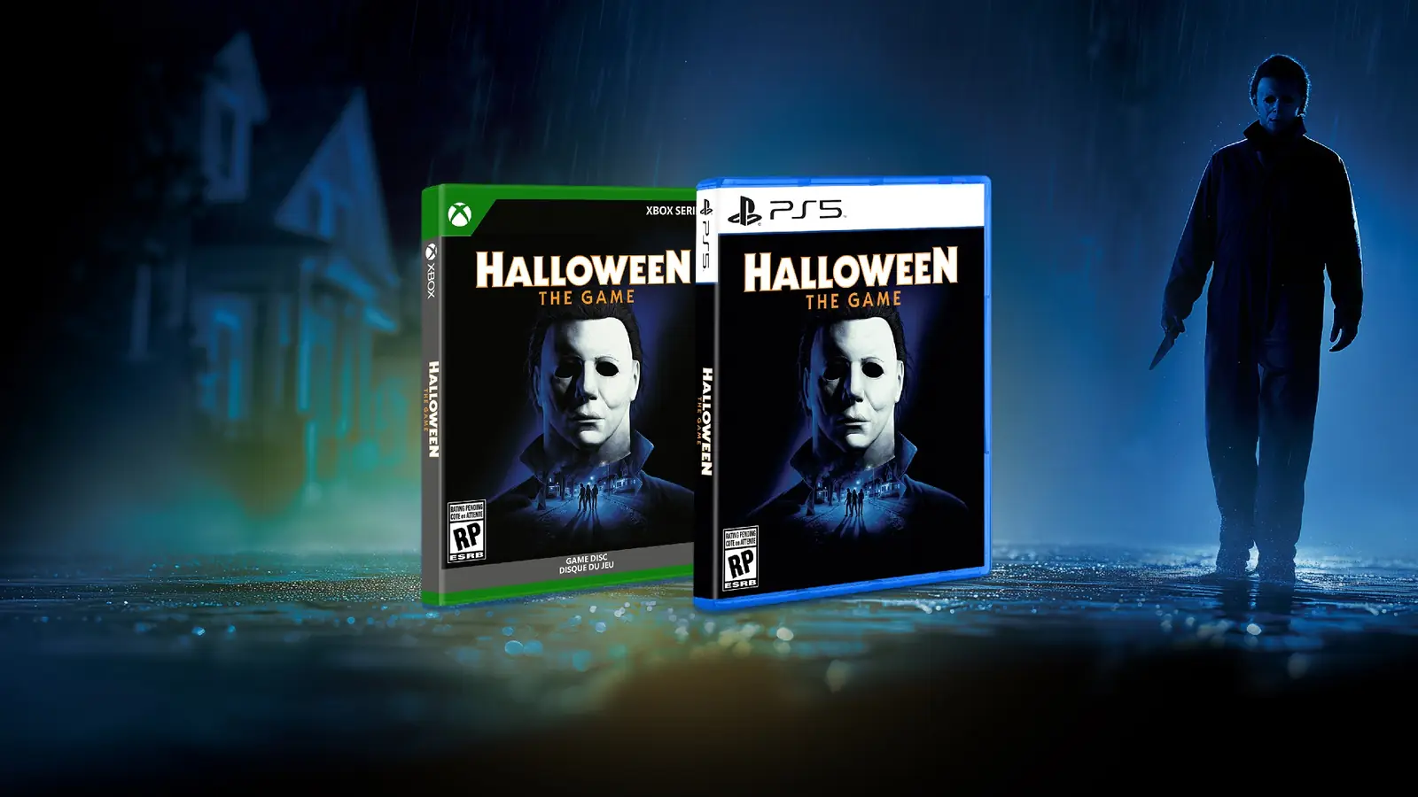 Xbox Series and PS5 retail cases for Halloween: The Game stand side by side on a wet street, with a masked figure carrying a knife walking toward the camera behind them.