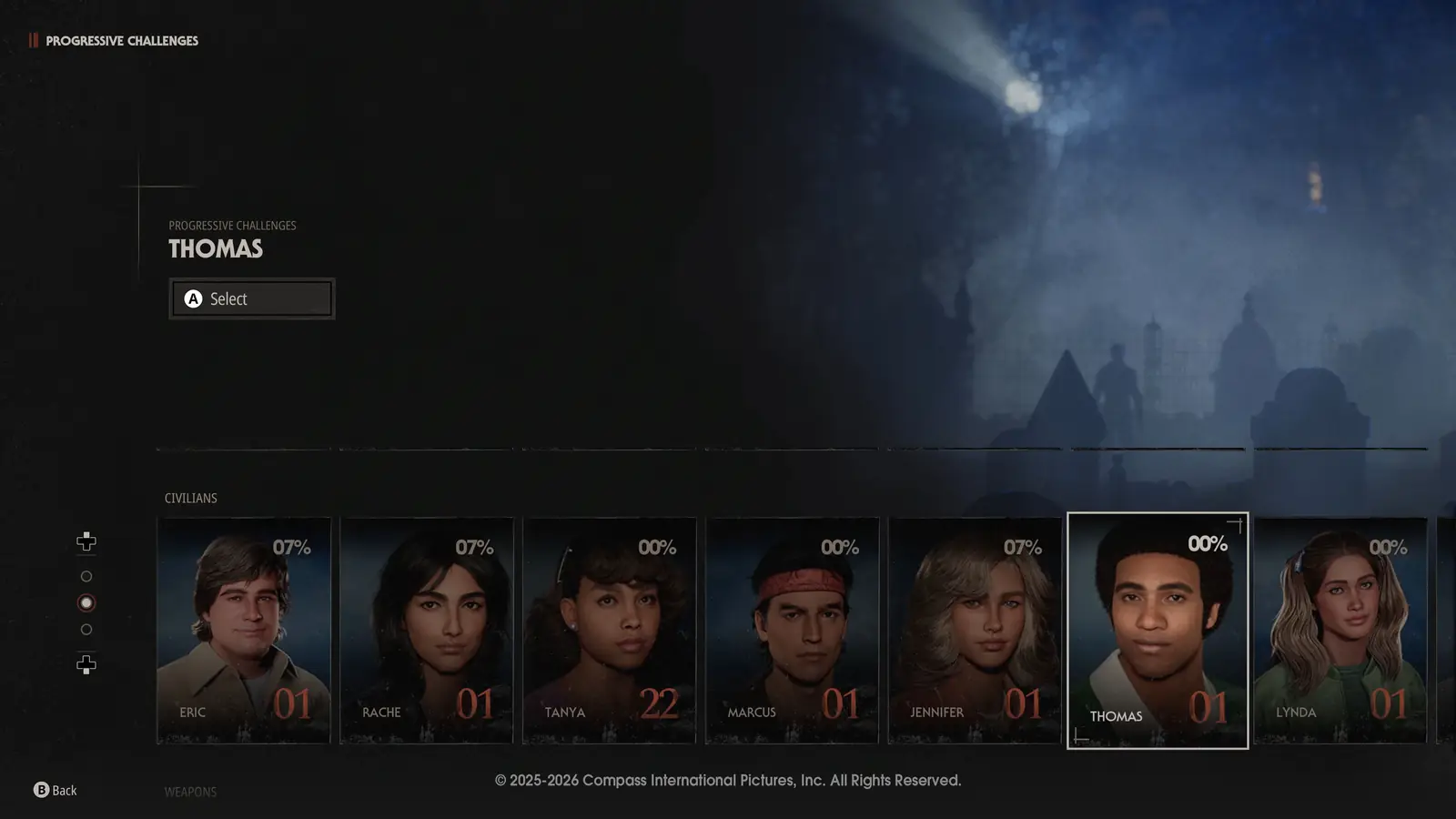 The Progressive Challenges screen showing a row of civilian portraits — Eric, Rachel, Tanya, Marcus, Jennifer, Thomas and Lynda — each with a completion percentage and a level number.