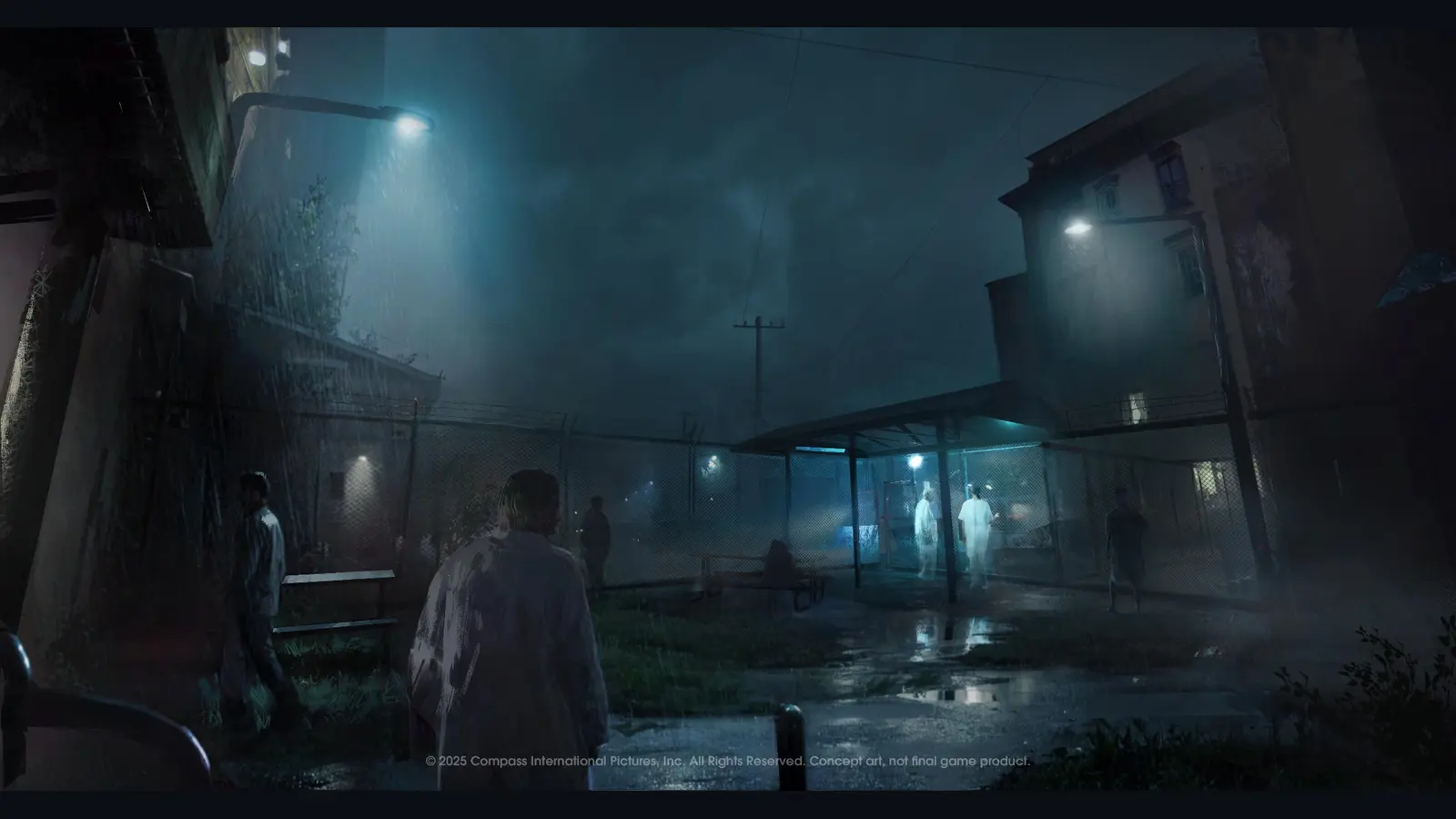 People in pale clothing stand in a rain-soaked fenced courtyard between institutional buildings at night, beneath blue-white lamps.